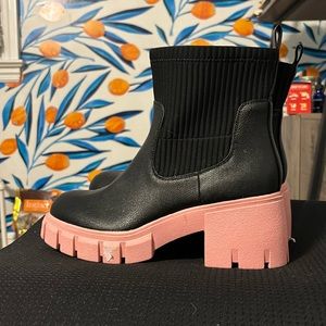 Black rain booties with pink accents. Womens size 9.